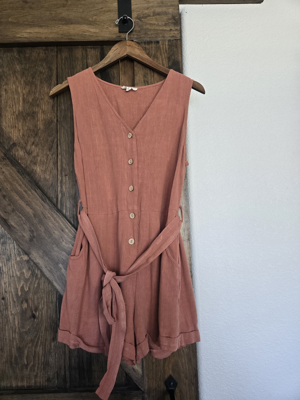 eesome Dusty Coral Sleeveless Button Front Romper with Tie